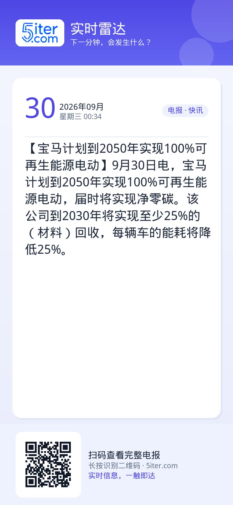 【宝马计划到2050年实现100%可再生能源电动】9月30日电，宝马计划到2050年实现100%可再生能源电动，届时将实