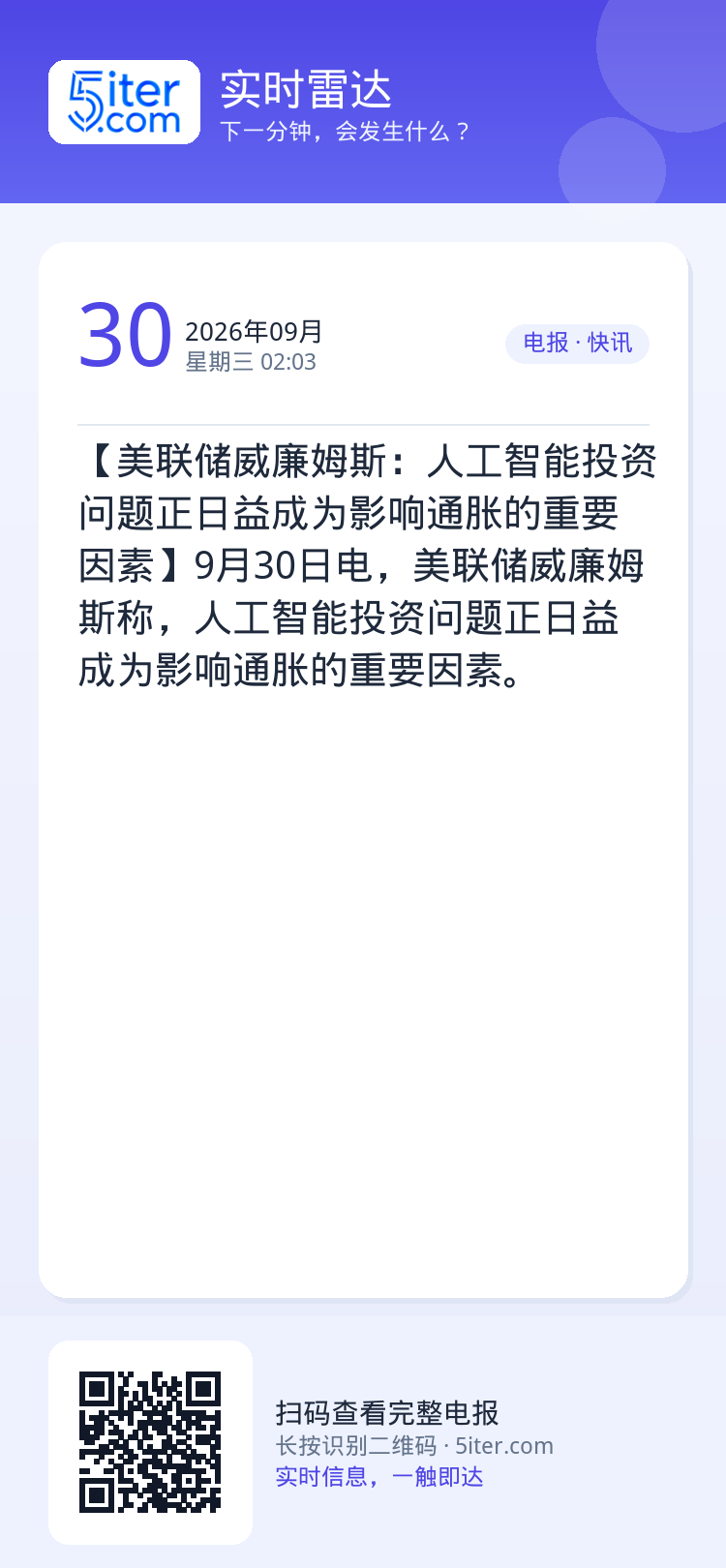 【美联储威廉姆斯：人工智能投资问题正日益成为影响通胀的重要因素】9月30日电，美联储威廉姆斯称，人工智能投资问题正日益成
