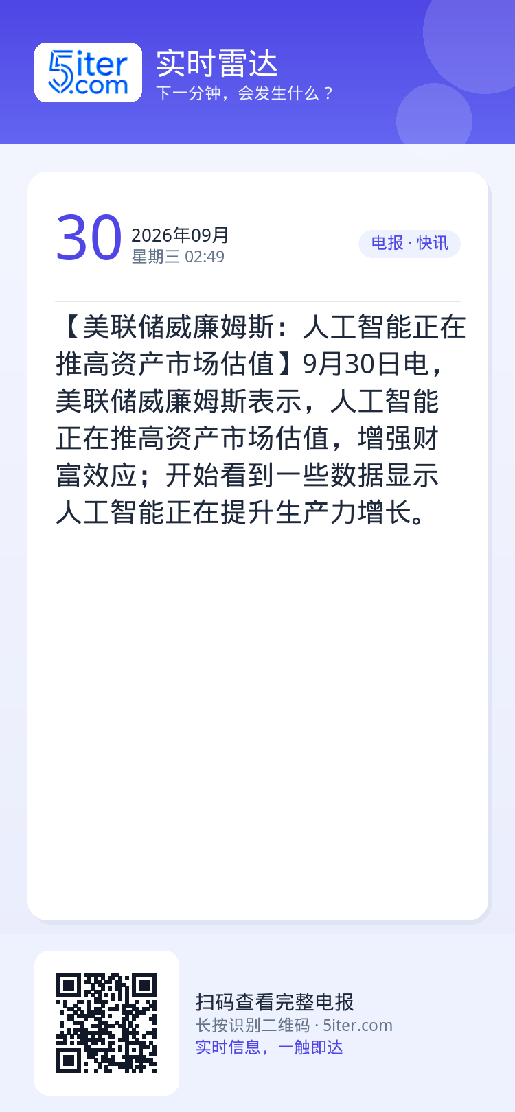 【美联储威廉姆斯：人工智能正在推高资产市场估值】9月30日电，美联储威廉姆斯表示，人工智能正在推高资产市场估值，增强财富