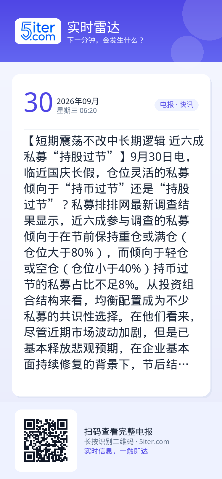 【短期震荡不改中长期逻辑 近六成私募“持股过节”】9月30日电，临近国庆长假，仓位灵活的私募倾向于“持币过节”还是“持股