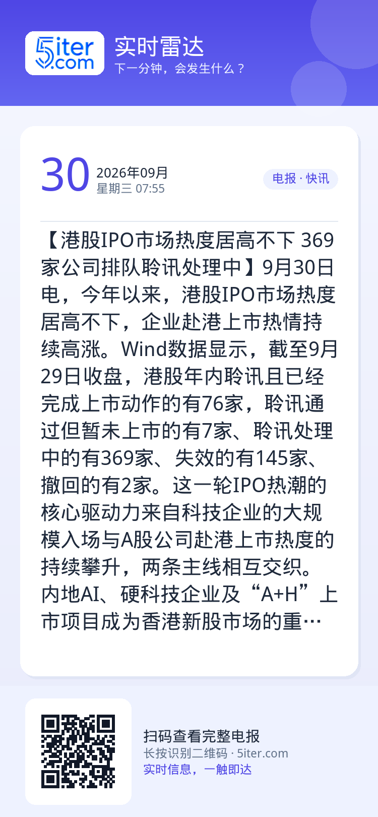 【港股IPO市场热度居高不下 369家公司排队聆讯处理中】9月30日电，今年以来，港股IPO市场热度居高不下，企业赴港上