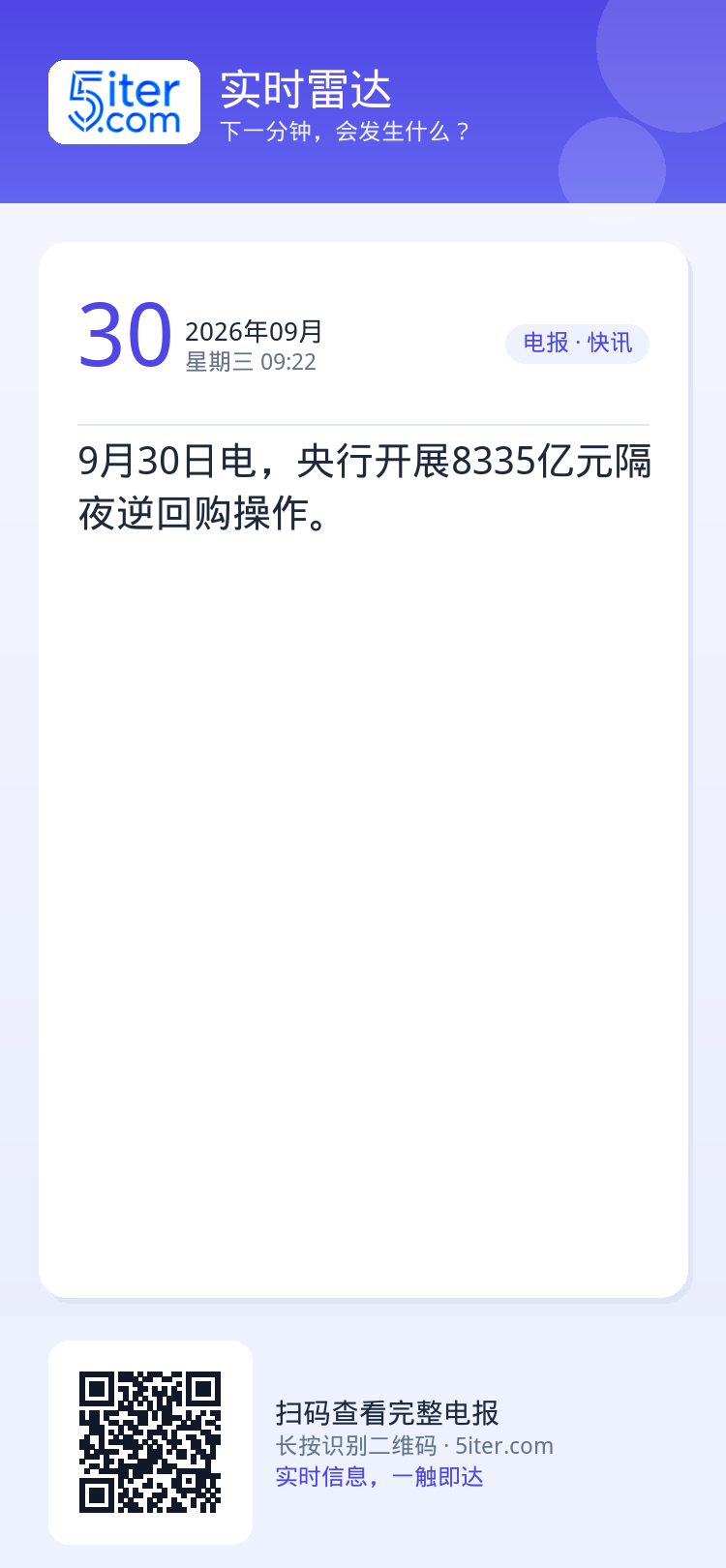 9月30日电，央行开展8335亿元隔夜逆回购操作。