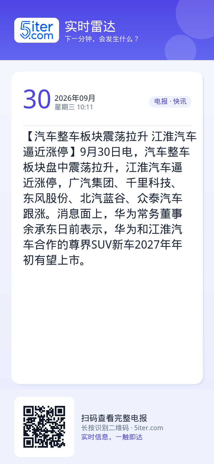 【汽车整车板块震荡拉升 江淮汽车逼近涨停】9月30日电，汽车整车板块盘中震荡拉升，江淮汽车逼近涨停，广汽集团、千里科技、