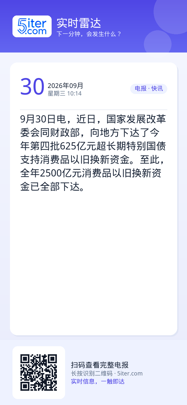 9月30日电，近日，国家发展改革委会同财政部，向地方下达了今年第四批625亿元超长期特别国债支持消费品以旧换新资金。至此