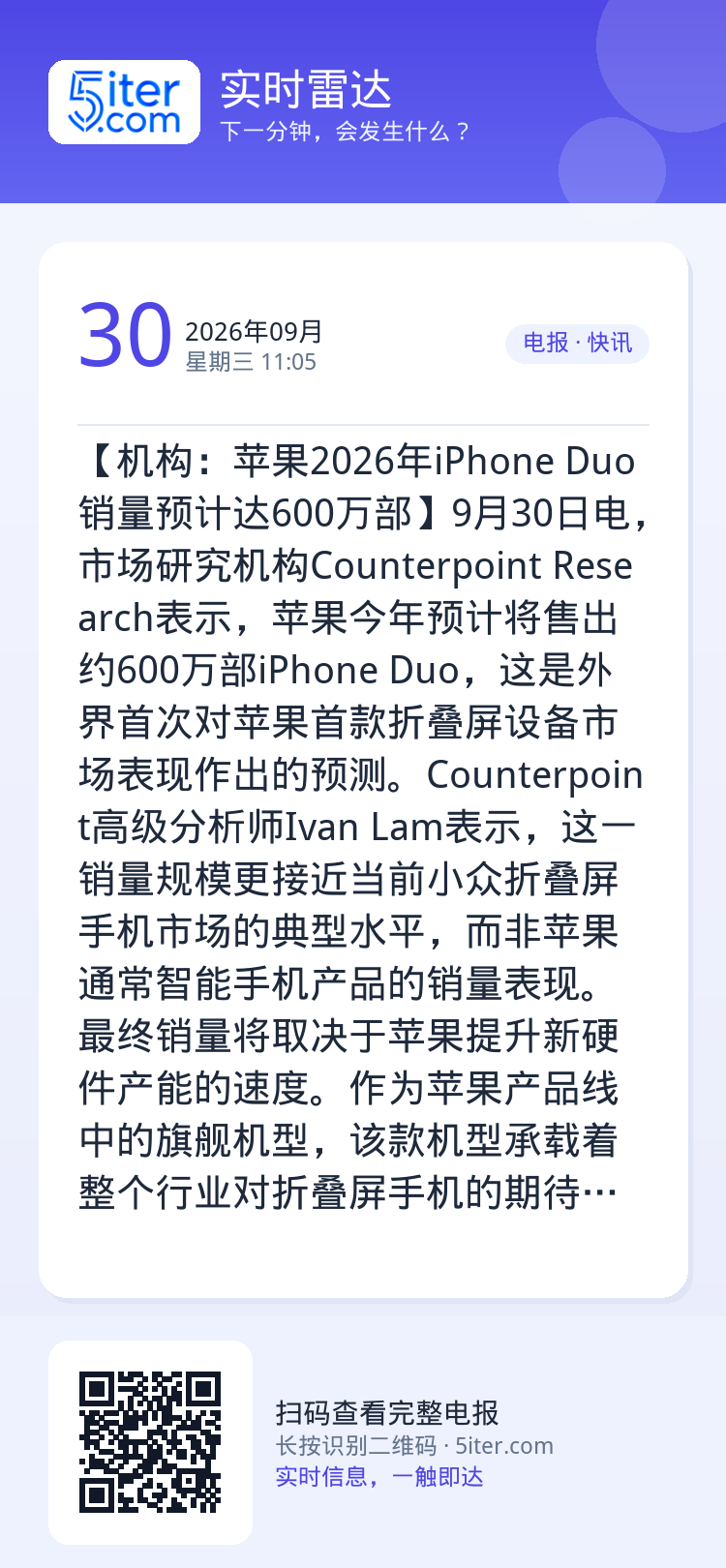 【机构：苹果2026年iPhone Duo销量预计达600万部】9月30日电，市场研究机构Counterpoint Re