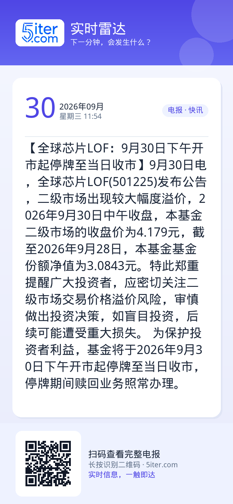 【全球芯片LOF：9月30日下午开市起停牌至当日收市】9月30日电，全球芯片LOF(501225)发布公告，二级市场出现