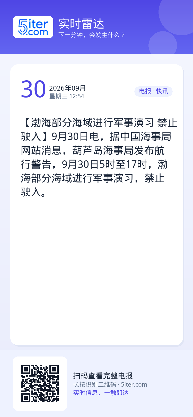 【渤海部分海域进行军事演习 禁止驶入】9月30日电，据中国海事局网站消息，葫芦岛海事局发布航行警告，9月30日5时至17