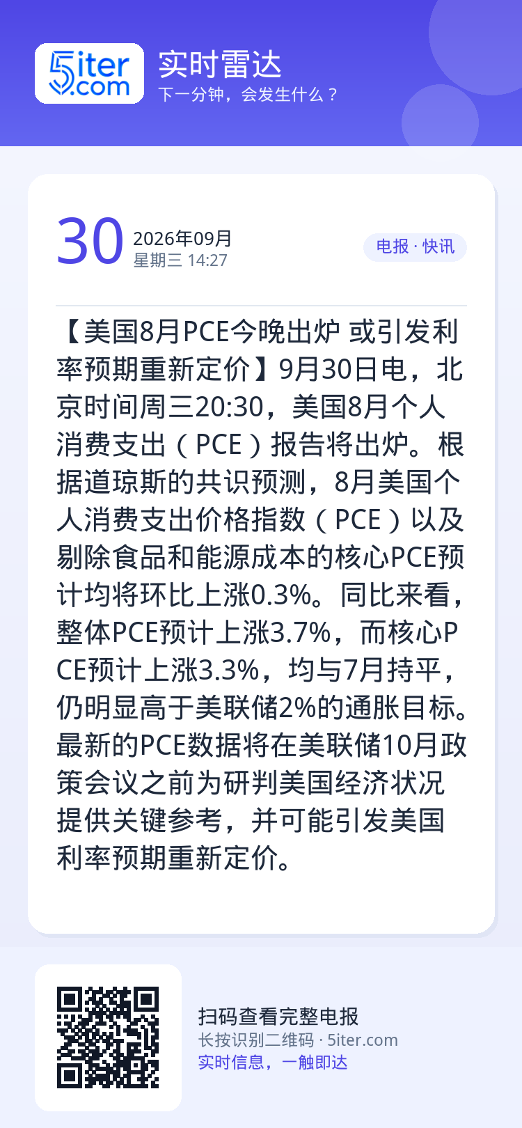 【美国8月PCE今晚出炉 或引发利率预期重新定价】9月30日电，北京时间周三20:30，美国8月个人消费支出（PCE）报