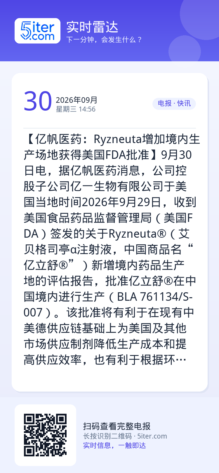 【亿帆医药：Ryzneuta增加境内生产场地获得美国FDA批准】9月30日电，据亿帆医药消息，公司控股子公司亿一生物有限