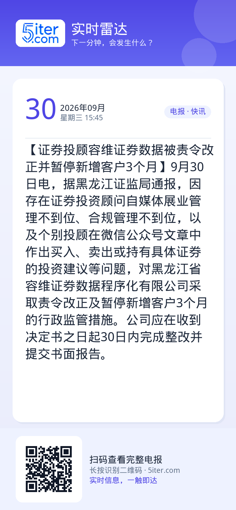 【证券投顾容维证券数据被责令改正并暂停新增客户3个月】9月30日电，据黑龙江证监局通报，因存在证券投资顾问自媒体展业管理