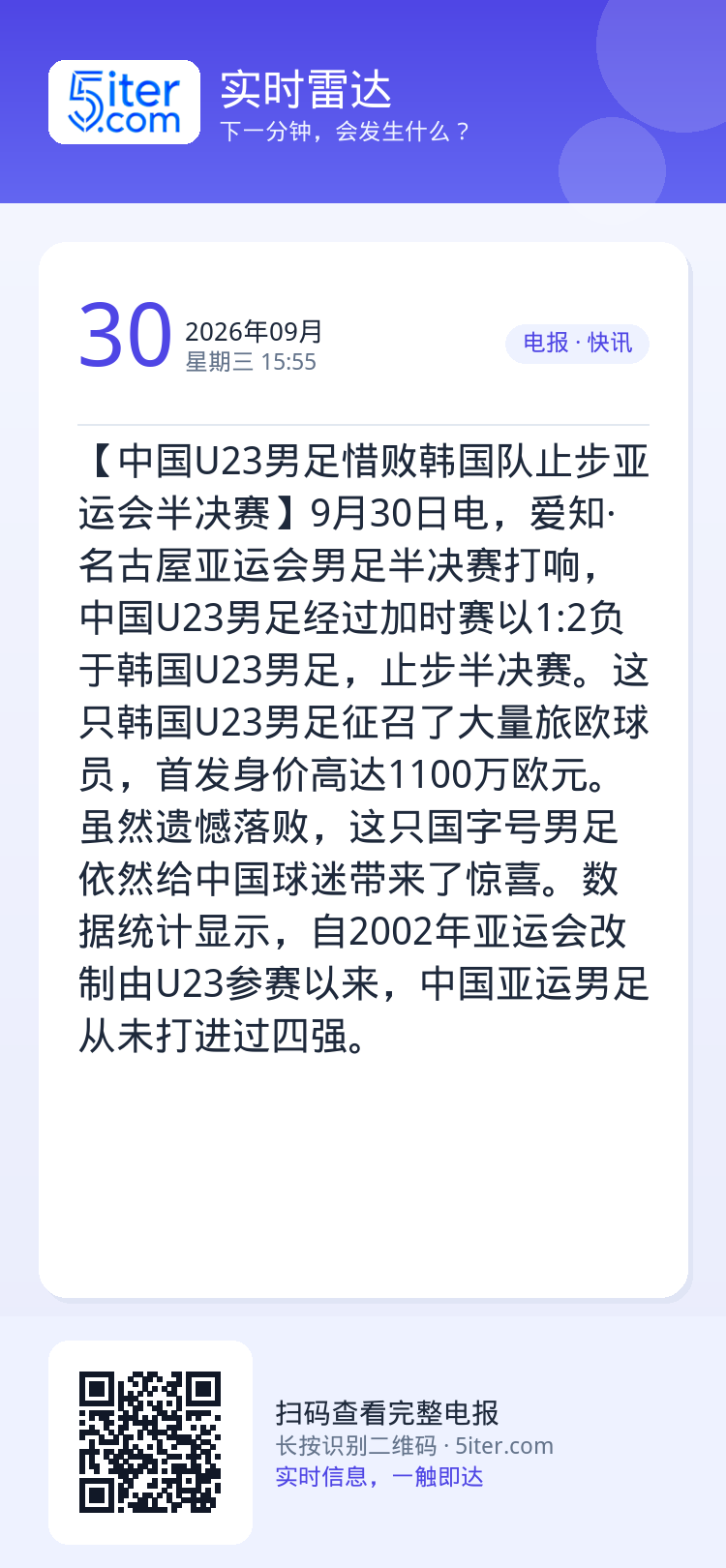 【中国U23男足惜败韩国队止步亚运会半决赛】9月30日电，爱知·名古屋亚运会男足半决赛打响，中国U23男足经过加时赛以1