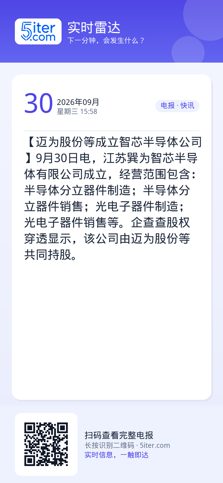 【迈为股份等成立智芯半导体公司】9月30日电，江苏巽为智芯半导体有限公司成立，经营范围包含：半导体分立器件制造；半导体分