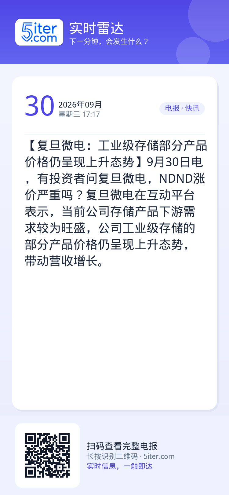 【复旦微电：工业级存储部分产品价格仍呈现上升态势】9月30日电，有投资者问复旦微电，NDND涨价严重吗？复旦微电在互动平