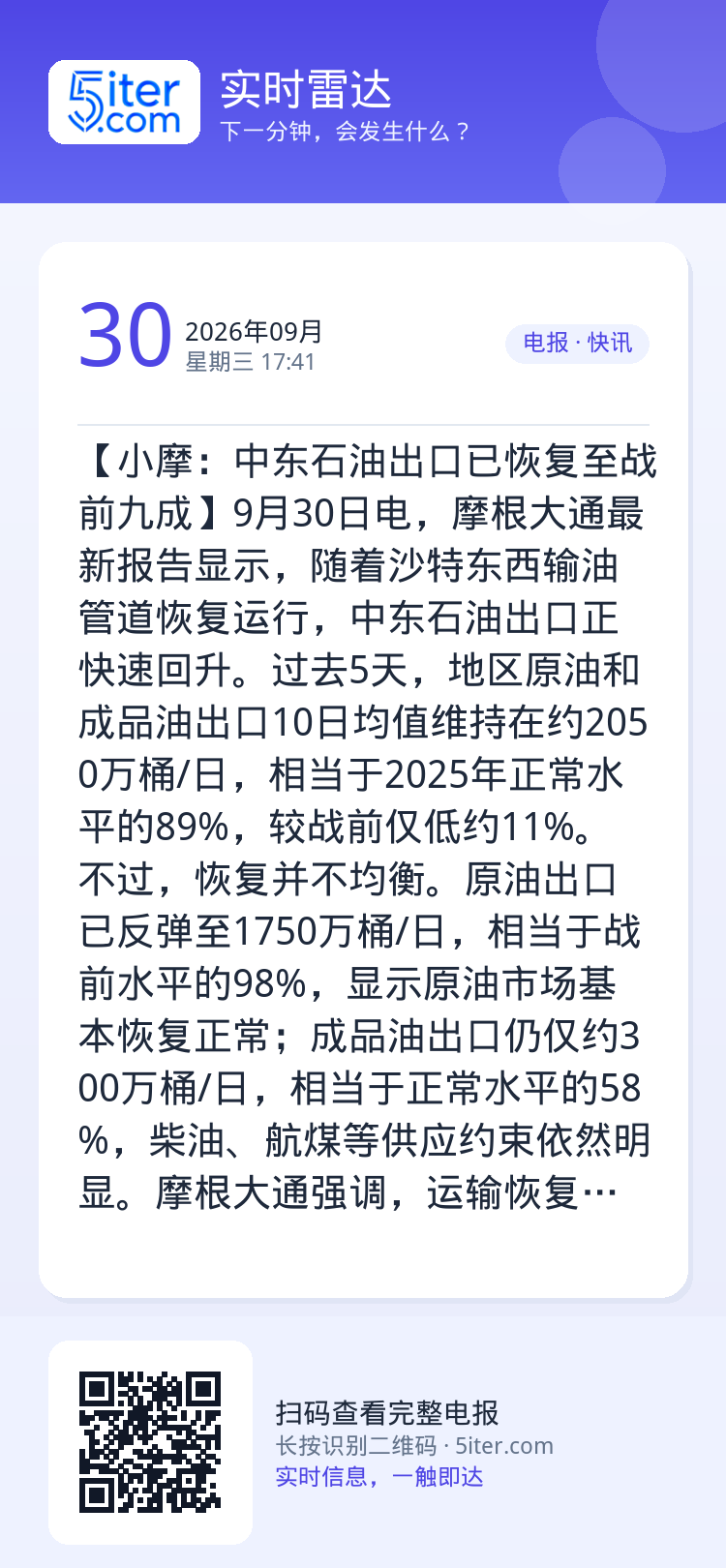 【小摩：中东石油出口已恢复至战前九成】9月30日电，摩根大通最新报告显示，随着沙特东西输油管道恢复运行，中东石油出口正快