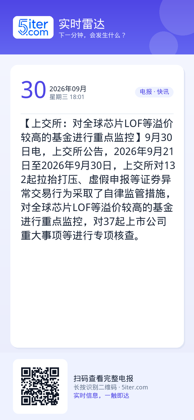 【上交所：对全球芯片LOF等溢价较高的基金进行重点监控】9月30日电，上交所公告，2026年9月21日至2026年9月3