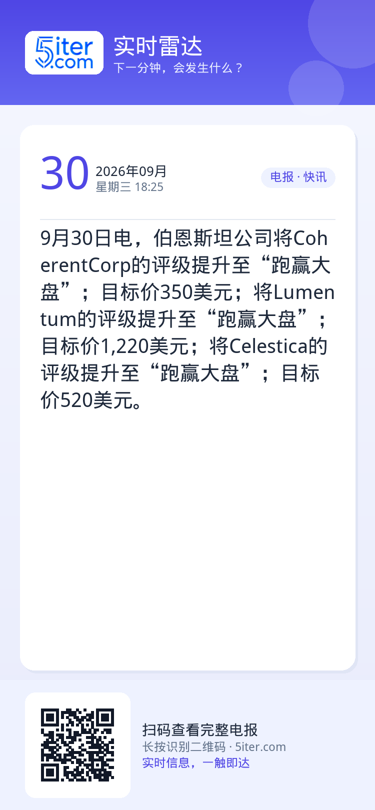 9月30日电，伯恩斯坦公司将CoherentCorp的评级提升至“跑赢大盘”；目标价350美元；将Lumentum的评级