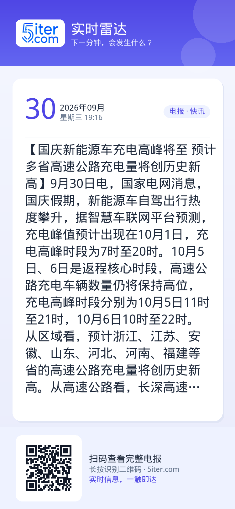【国庆新能源车充电高峰将至 预计多省高速公路充电量将创历史新高】9月30日电，国家电网消息，国庆假期，新能源车自驾出行热