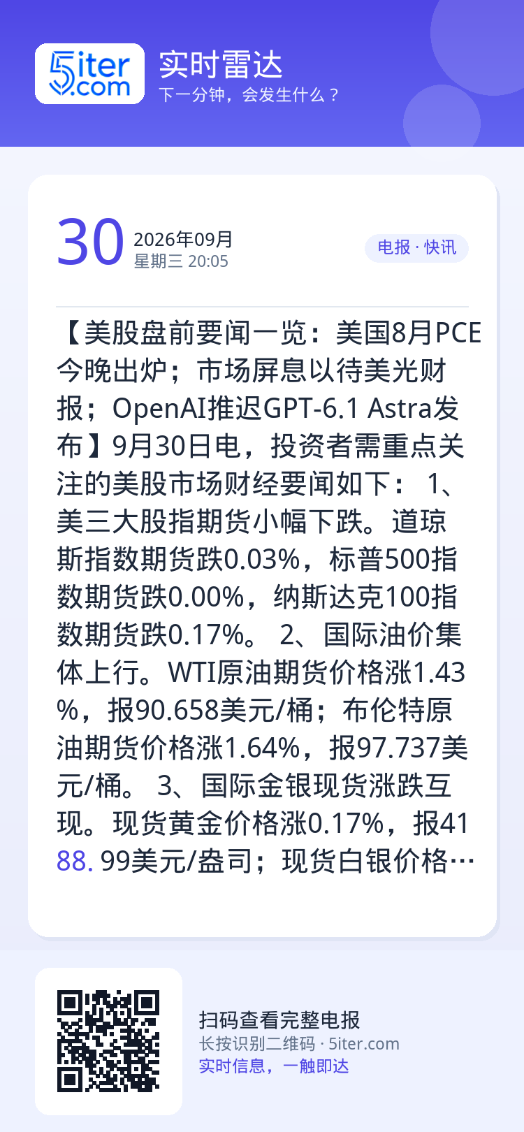 【美股盘前要闻一览：美国8月PCE今晚出炉；市场屏息以待美光财报；OpenAI推迟GPT-6.1 Astra发布】9月3