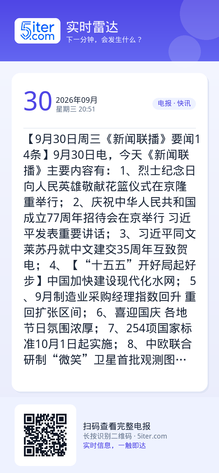 【9月30日周三《新闻联播》要闻14条】9月30日电，今天《新闻联播》主要内容有：
1、烈士纪念日向人民英雄敬献花篮仪式