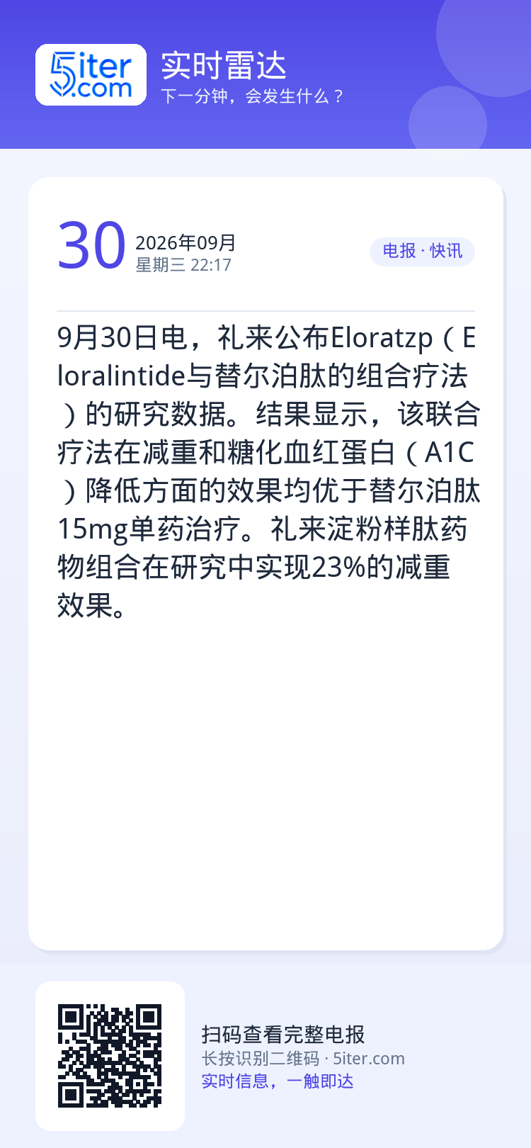 9月30日电，礼来公布Eloratzp（Eloralintide与替尔泊肽的组合疗法）的研究数据。结果显示，该联合疗法在