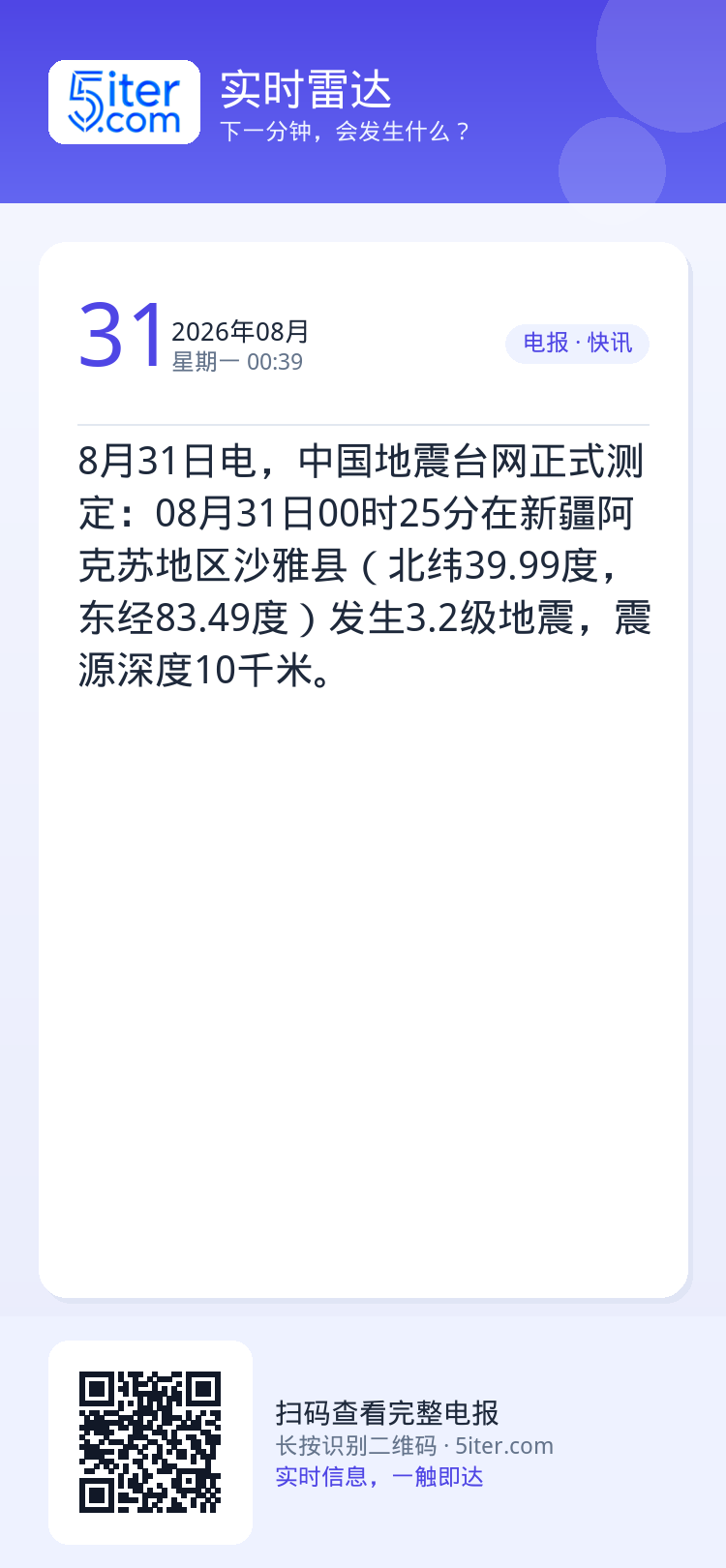8月31日电，中国地震台网正式测定：08月31日00时25分在新疆阿克苏地区沙雅县（北纬39.99度，东经83.49度）