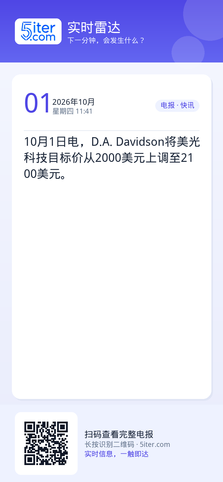 10月1日电，D.A. Davidson将美光科技目标价从2000美元上调至2100美元。