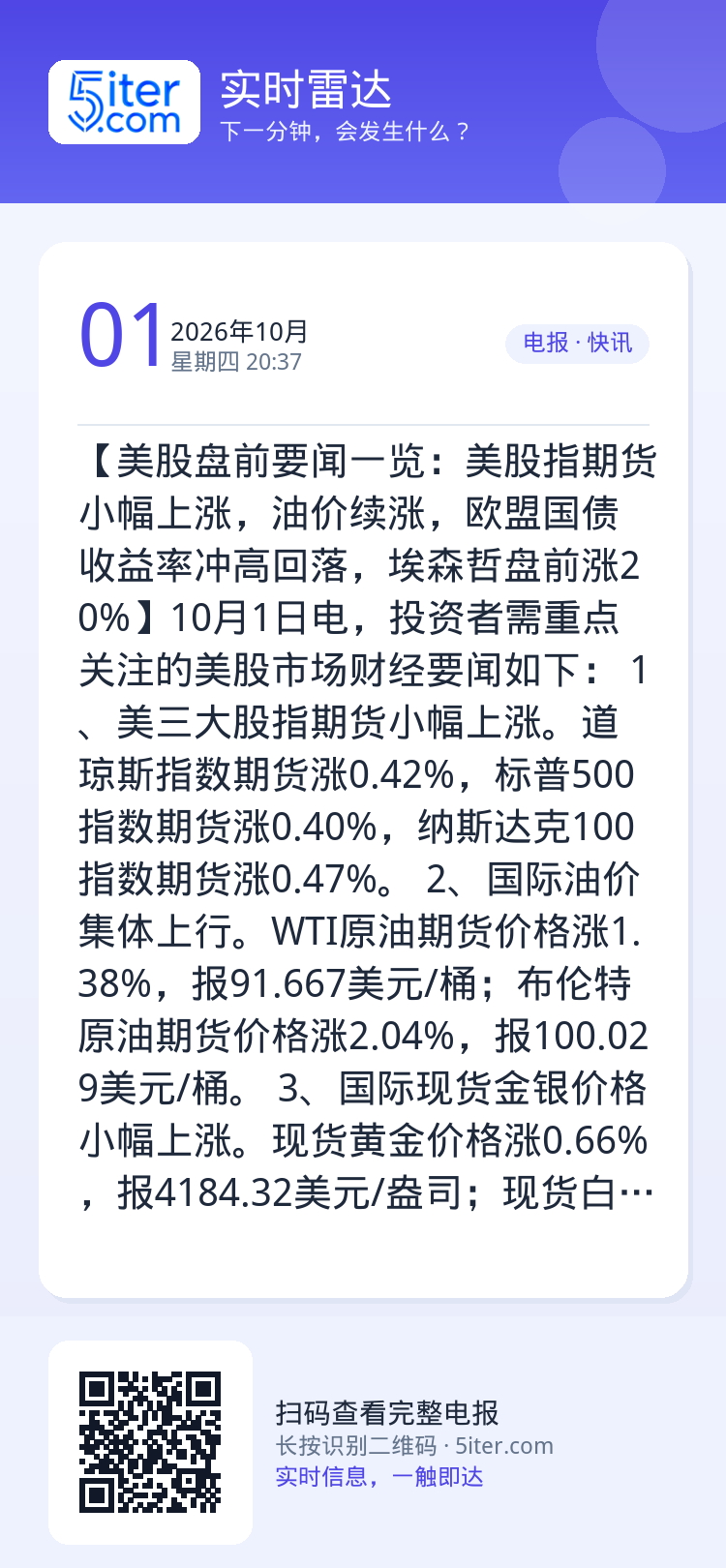 【美股盘前要闻一览：美股指期货小幅上涨，油价续涨，欧盟国债收益率冲高回落，埃森哲盘前涨20%】10月1日电，投资者需重点