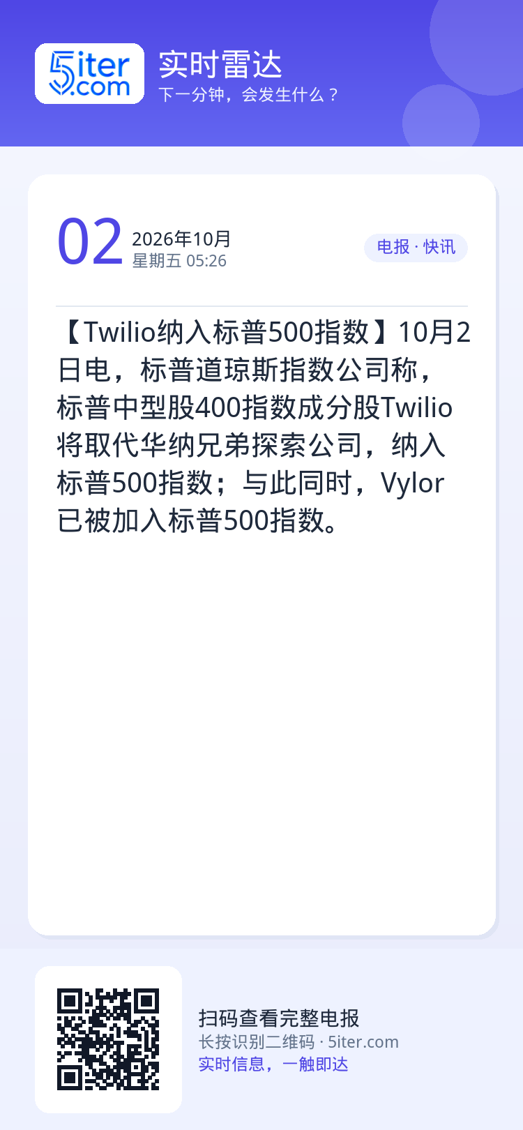 【Twilio纳入标普500指数】10月2日电，标普道琼斯指数公司称，标普中型股400指数成分股Twilio将取代华纳兄