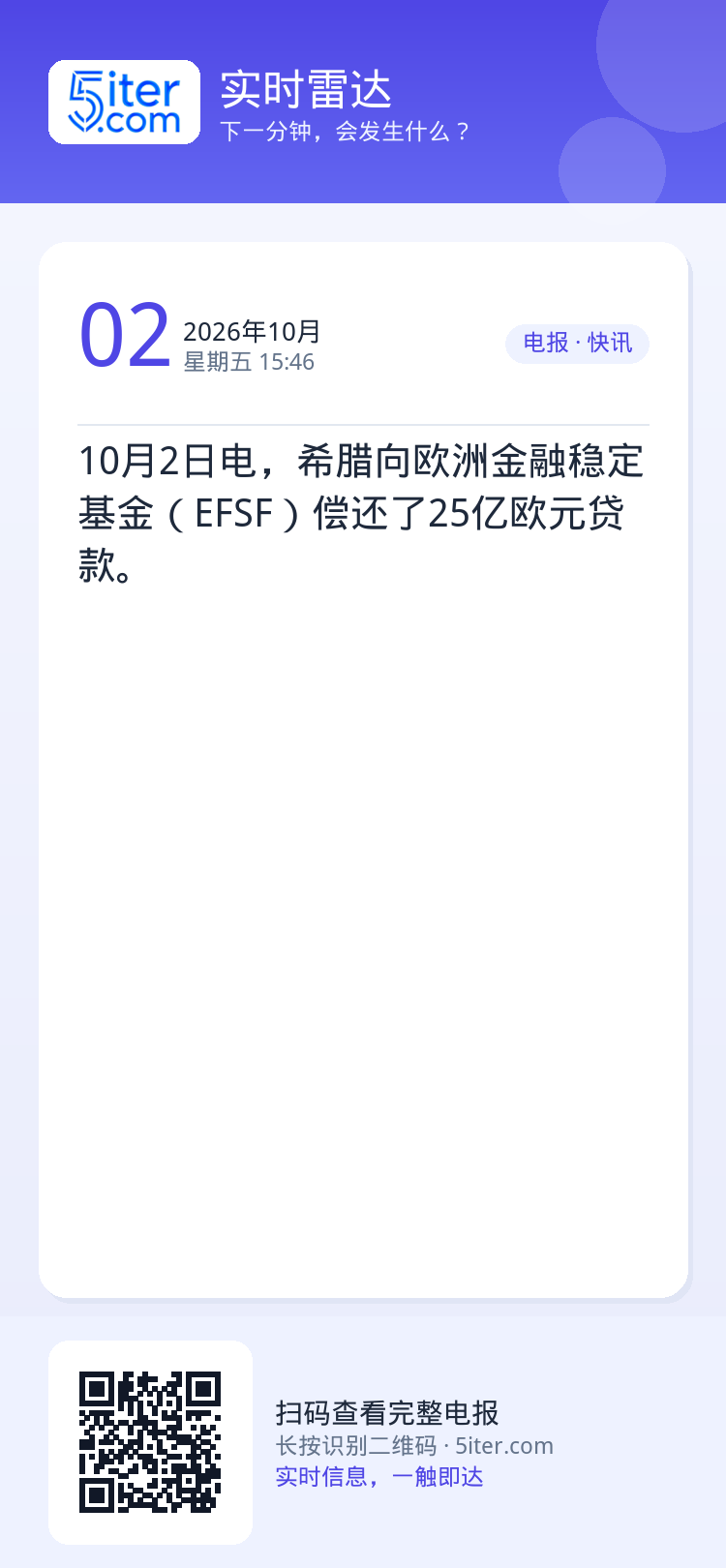 10月2日电，希腊向欧洲金融稳定基金（EFSF）偿还了25亿欧元贷款。