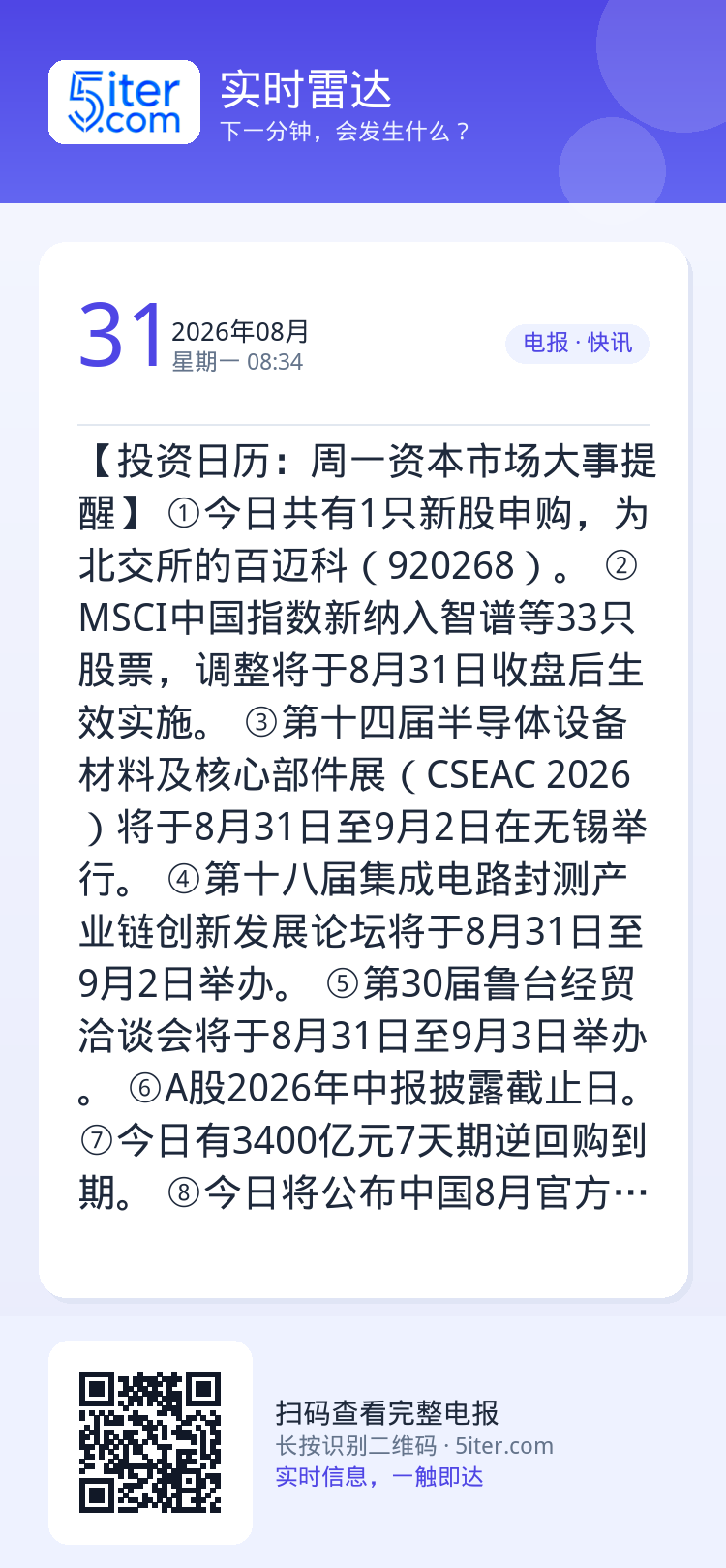 【投资日历：周一资本市场大事提醒】
①今日共有1只新股申购，为北交所的百迈科（920268）。
②MSCI中国指数新纳入
