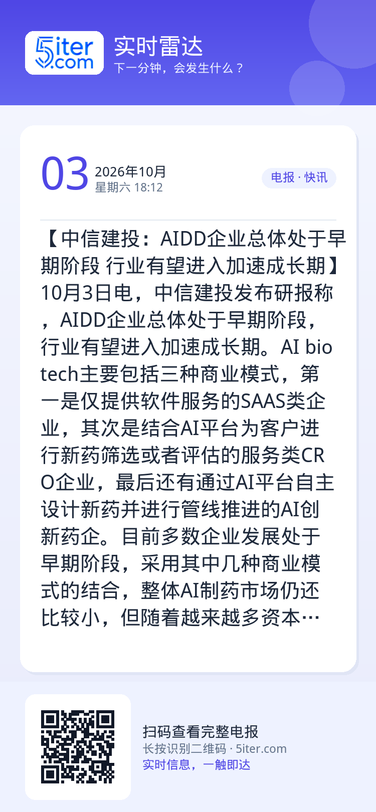 【中信建投：AIDD企业总体处于早期阶段 行业有望进入加速成长期】10月3日电，中信建投发布研报称，AIDD企业总体处于