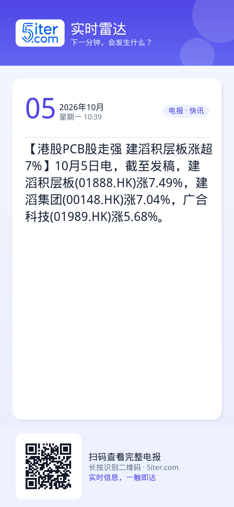 【港股PCB股走强 建滔积层板涨超7%】10月5日电，截至发稿，建滔积层板(01888.HK)涨7.49%，建滔集团(0