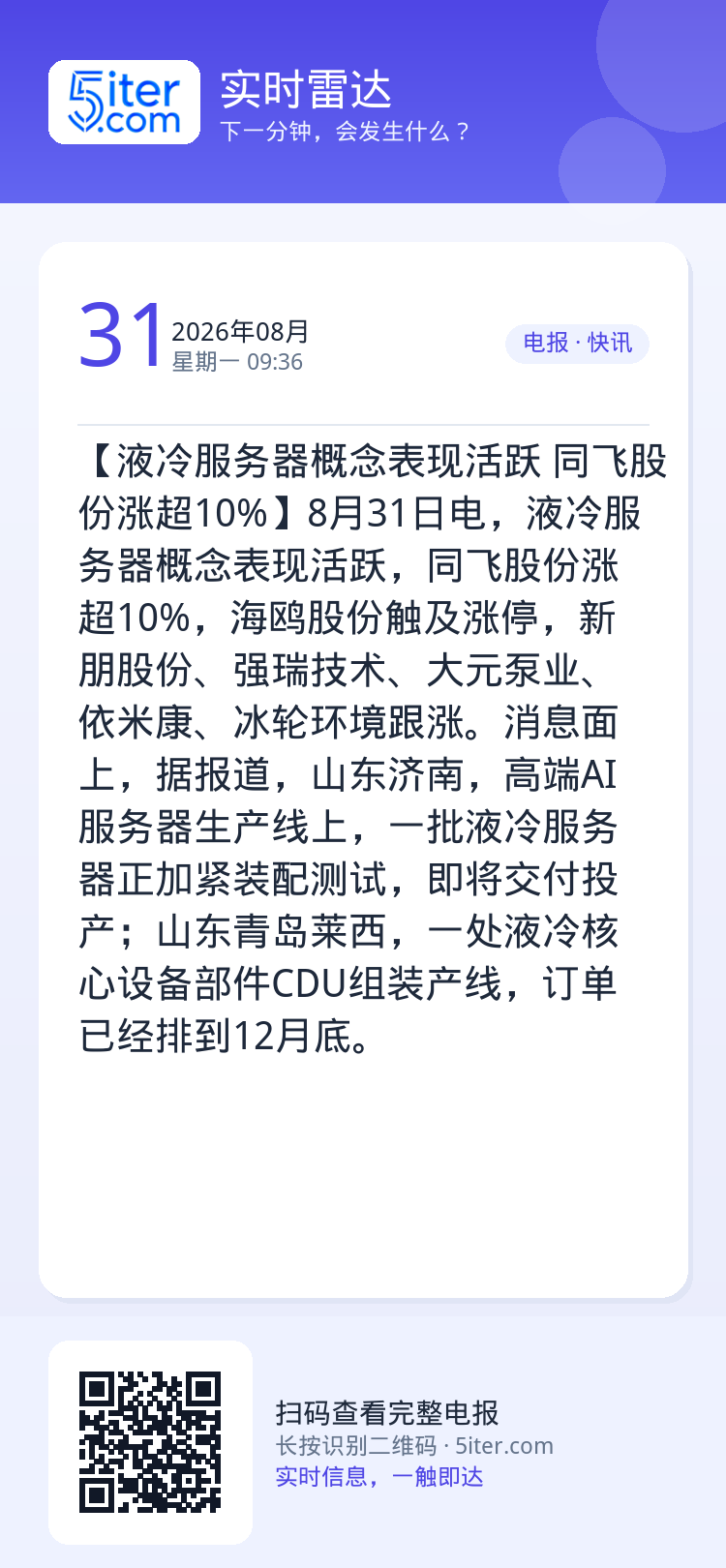 【液冷服务器概念表现活跃 同飞股份涨超10%】8月31日电，液冷服务器概念表现活跃，同飞股份涨超10%，海鸥股份触及涨停