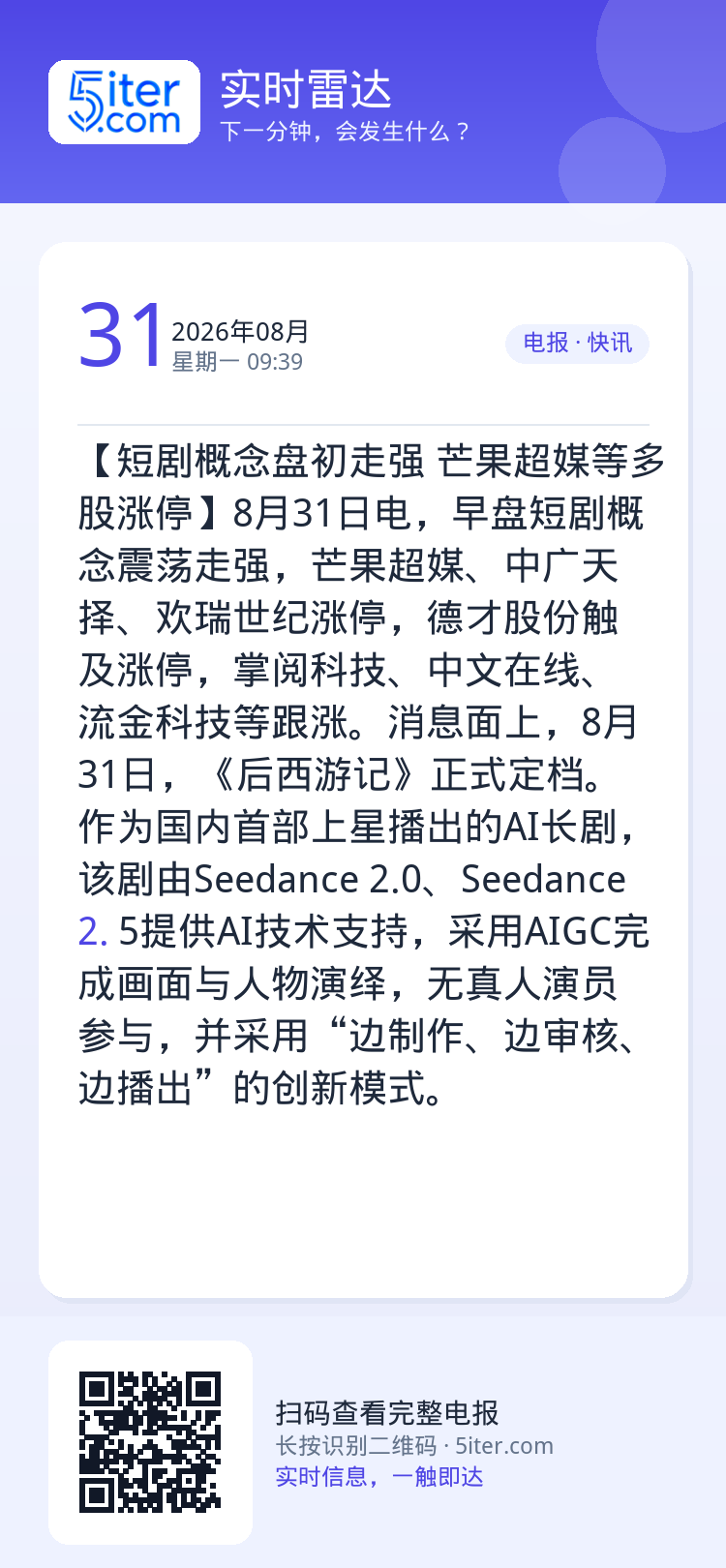 【短剧概念盘初走强 芒果超媒等多股涨停】8月31日电，早盘短剧概念震荡走强，芒果超媒、中广天择、欢瑞世纪涨停，德才股份触
