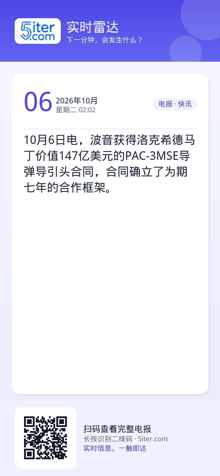 10月6日电，波音获得洛克希德马丁价值147亿美元的PAC-3MSE导弹导引头合同，合同确立了为期七年的合作框架。