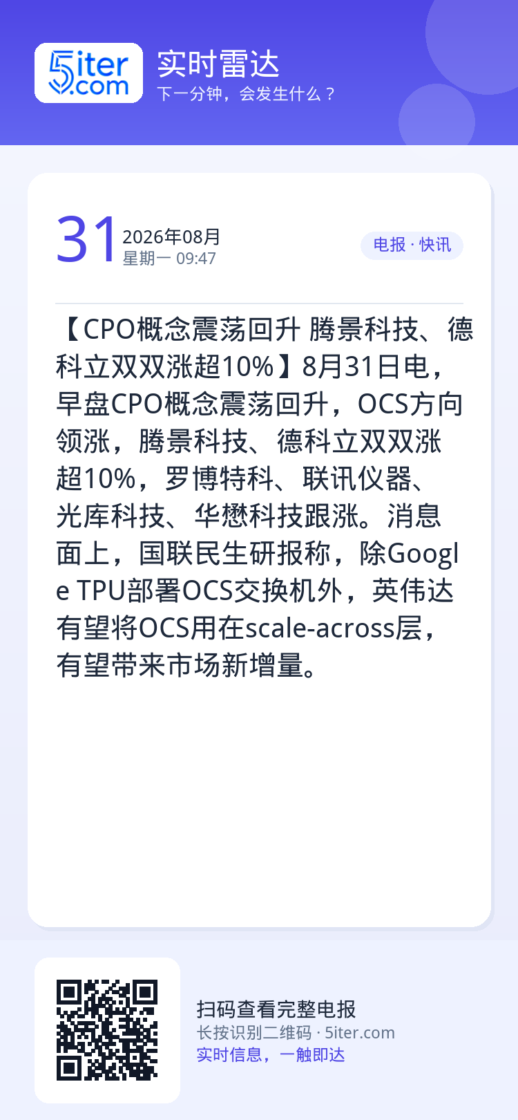 【CPO概念震荡回升 腾景科技、德科立双双涨超10%】8月31日电，早盘CPO概念震荡回升，OCS方向领涨，腾景科技、德