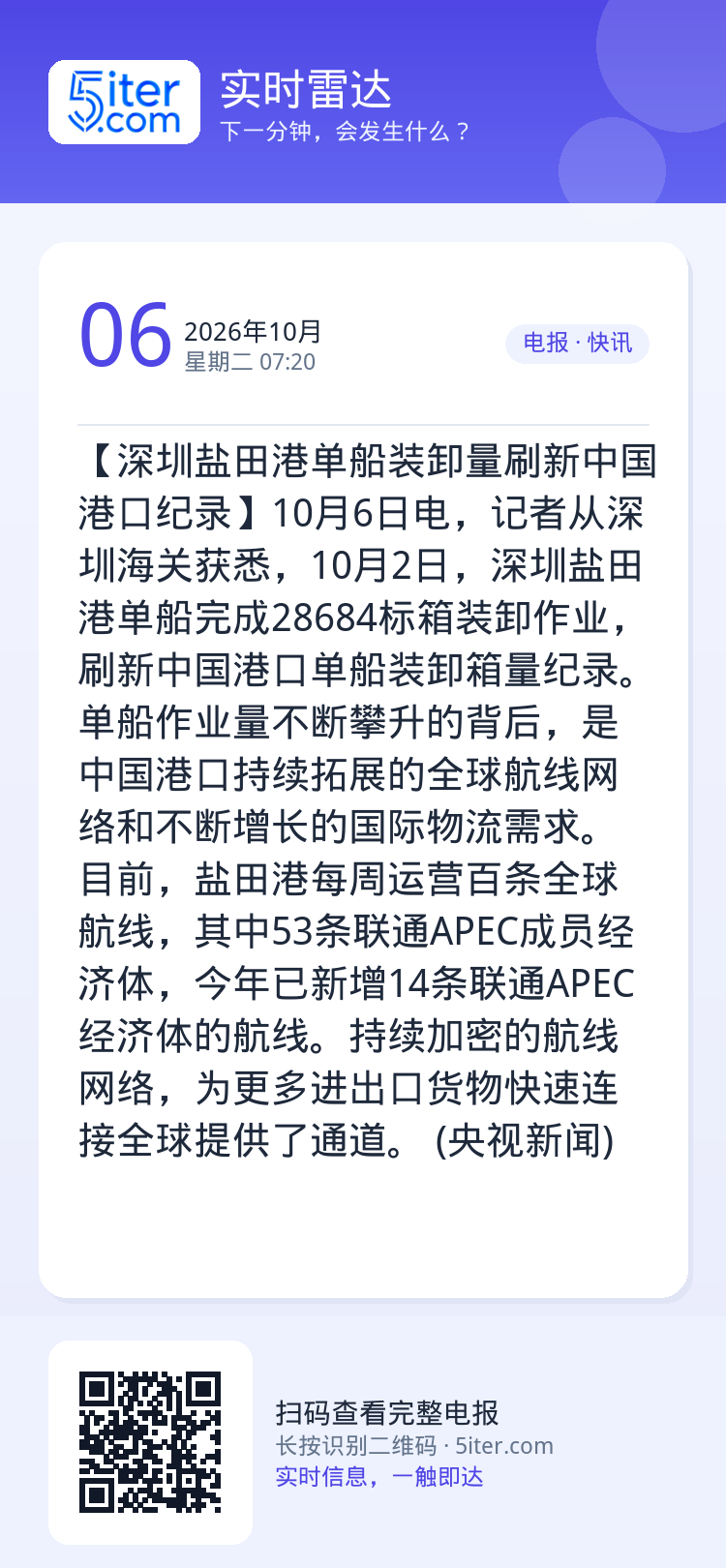 【深圳盐田港单船装卸量刷新中国港口纪录】10月6日电，记者从深圳海关获悉，10月2日，深圳盐田港单船完成28684标箱装