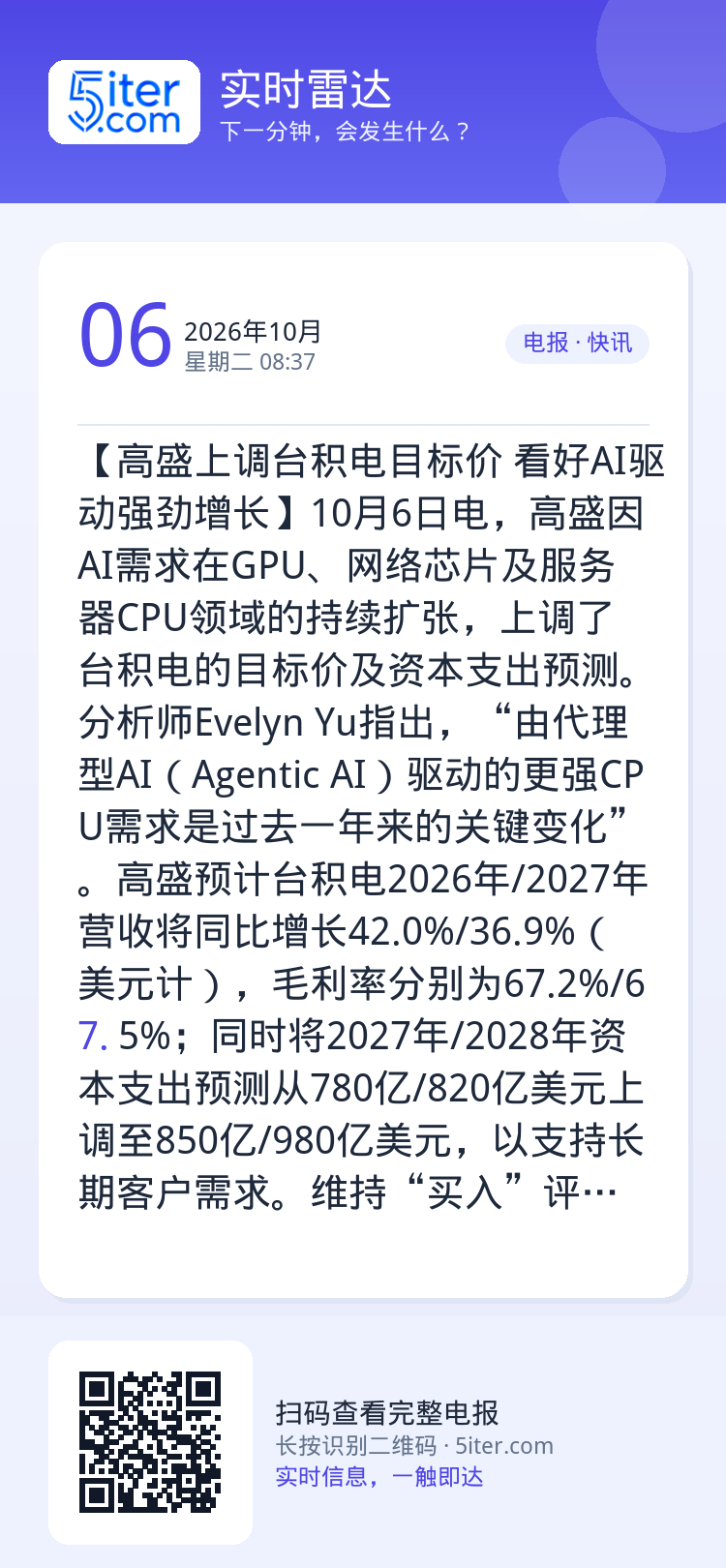 【高盛上调台积电目标价 看好AI驱动强劲增长】10月6日电，高盛因AI需求在GPU、网络芯片及服务器CPU领域的持续扩张