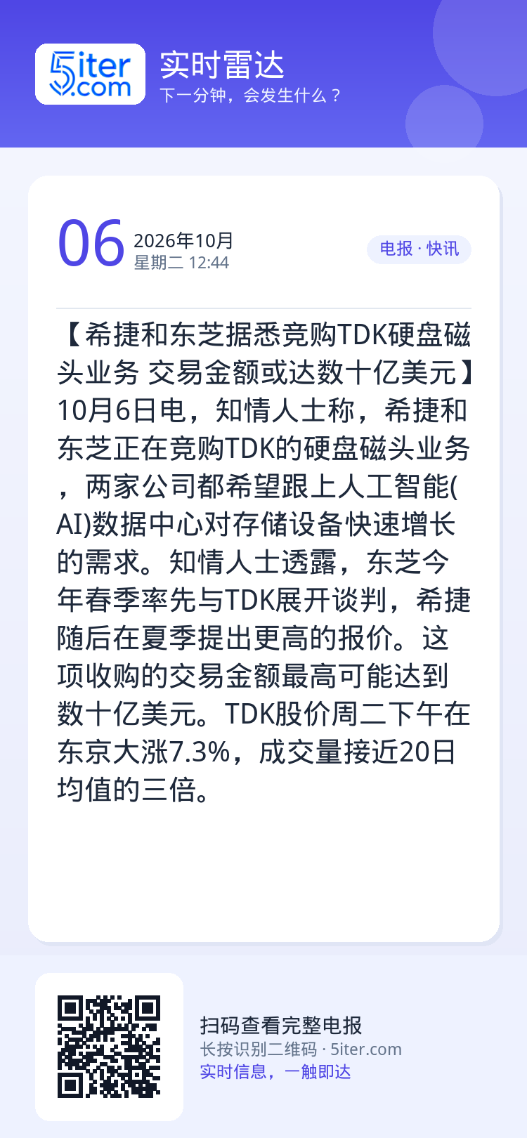 【希捷和东芝据悉竞购TDK硬盘磁头业务 交易金额或达数十亿美元】10月6日电，知情人士称，希捷和东芝正在竞购TDK的硬盘