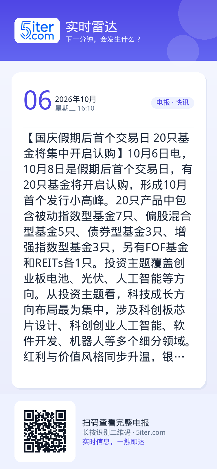 【国庆假期后首个交易日 20只基金将集中开启认购】10月6日电，10月8日是假期后首个交易日，有20只基金将开启认购，形