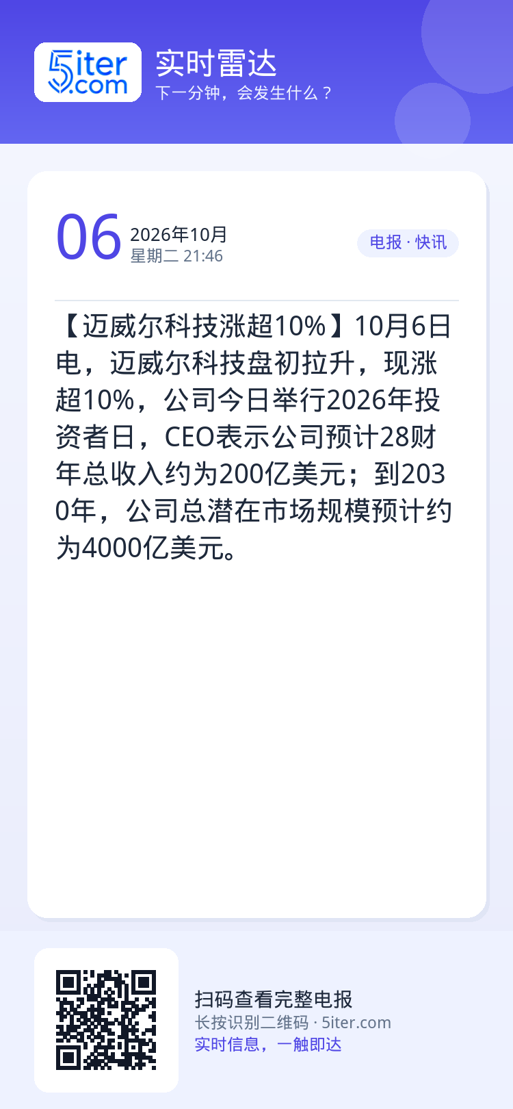 【迈威尔科技涨超10%】10月6日电，迈威尔科技盘初拉升，现涨超10%，公司今日举行2026年投资者日，CEO表示公司预