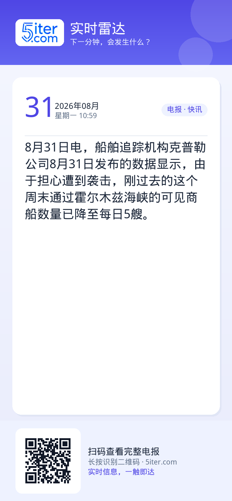 8月31日电，船舶追踪机构克普勒公司8月31日发布的数据显示，由于担心遭到袭击，刚过去的这个周末通过霍尔木兹海峡的可见商
