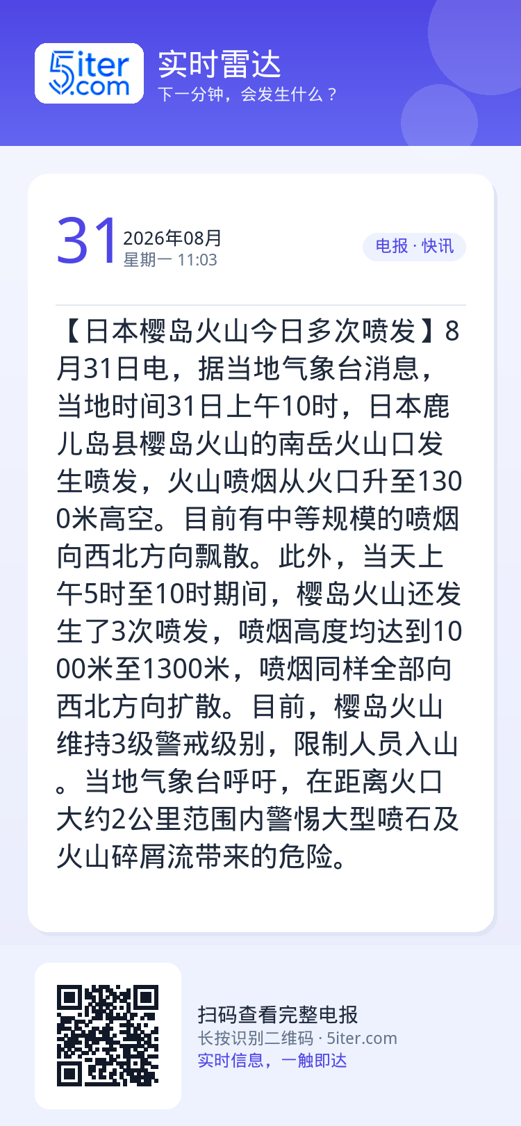 【日本樱岛火山今日多次喷发】8月31日电，据当地气象台消息，当地时间31日上午10时，日本鹿儿岛县樱岛火山的南岳火山口发