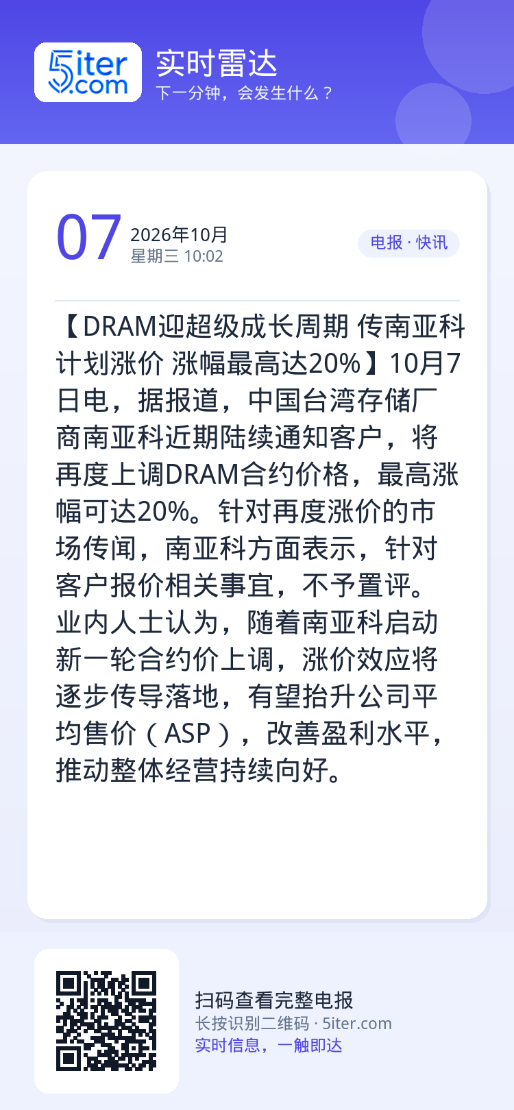 【DRAM迎超级成长周期 传南亚科计划涨价 涨幅最高达20%】10月7日电，据报道，中国台湾存储厂商南亚科近期陆续通知客