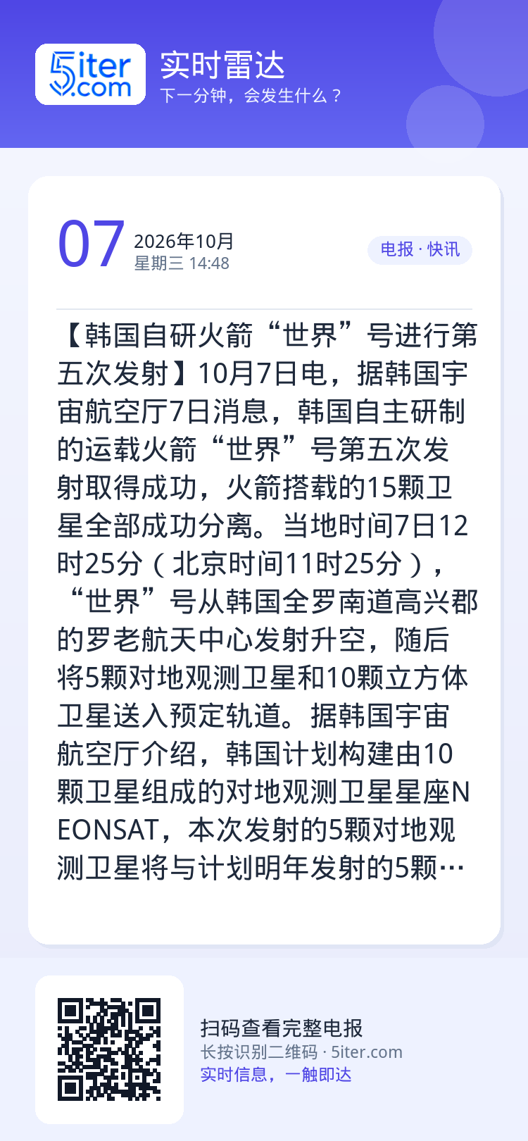 【韩国自研火箭“世界”号进行第五次发射】10月7日电，据韩国宇宙航空厅7日消息，韩国自主研制的运载火箭“世界”号第五次发