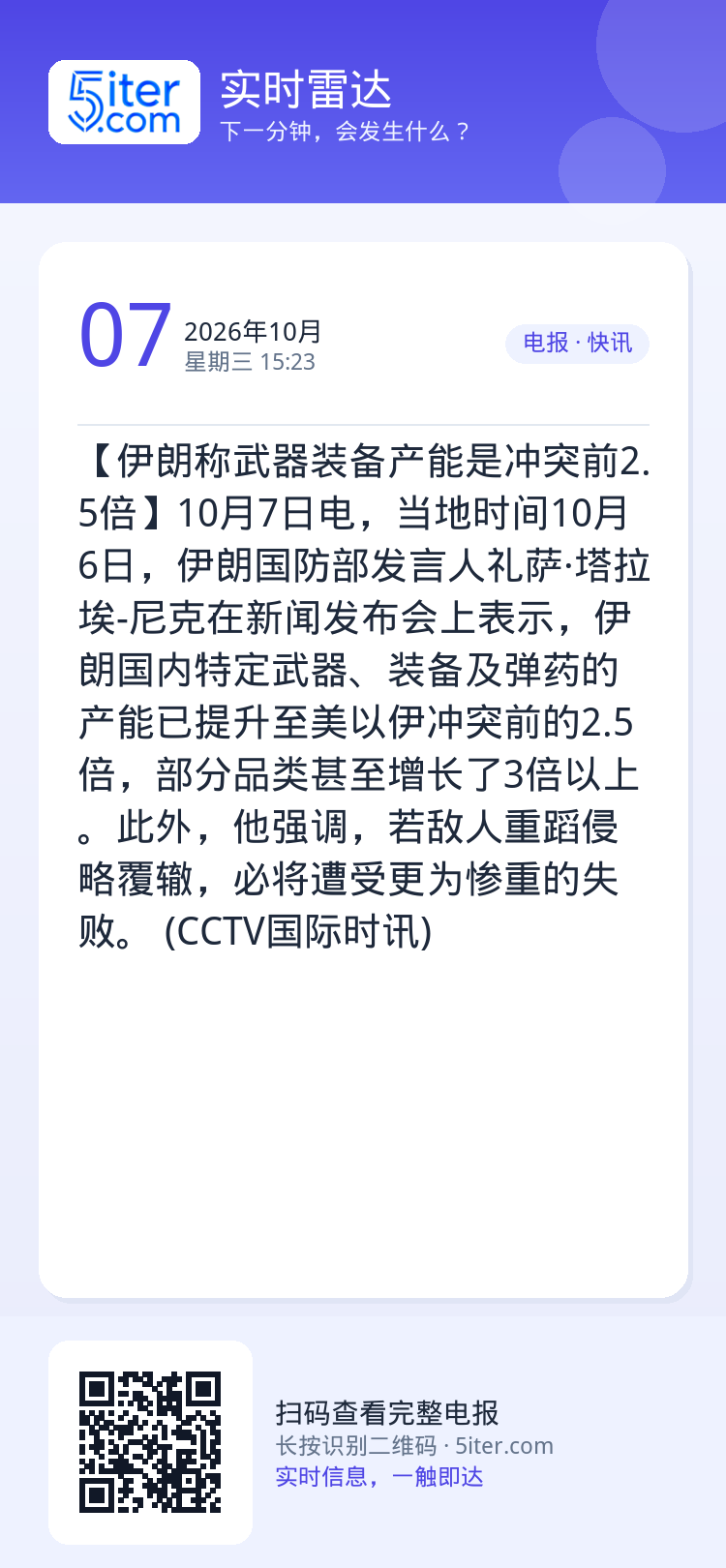 【伊朗称武器装备产能是冲突前2.5倍】10月7日电，当地时间10月6日，伊朗国防部发言人礼萨·塔拉埃-尼克在新闻发布会上