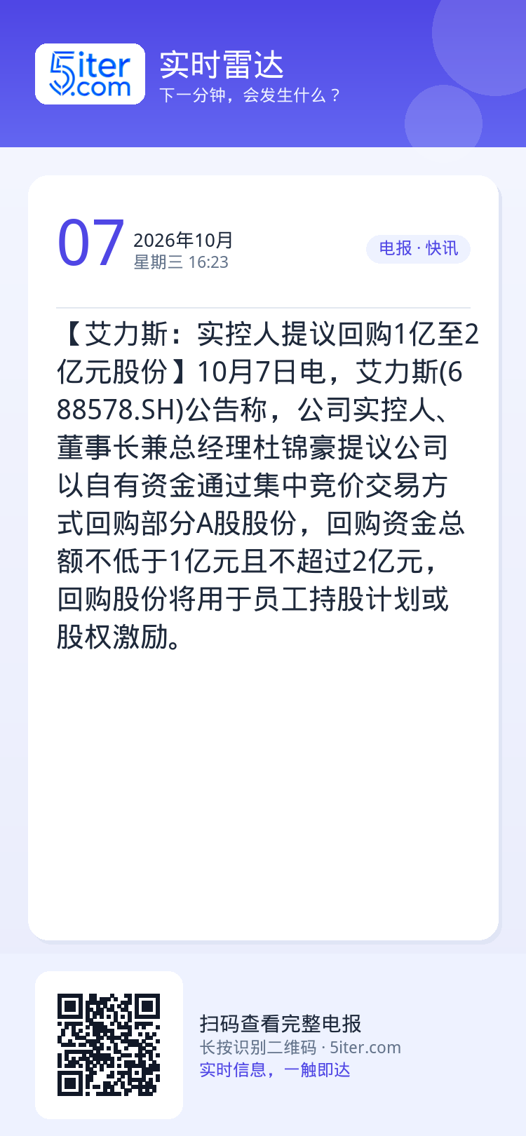 【艾力斯：实控人提议回购1亿至2亿元股份】10月7日电，艾力斯(688578.SH)公告称，公司实控人、董事长兼总经理杜