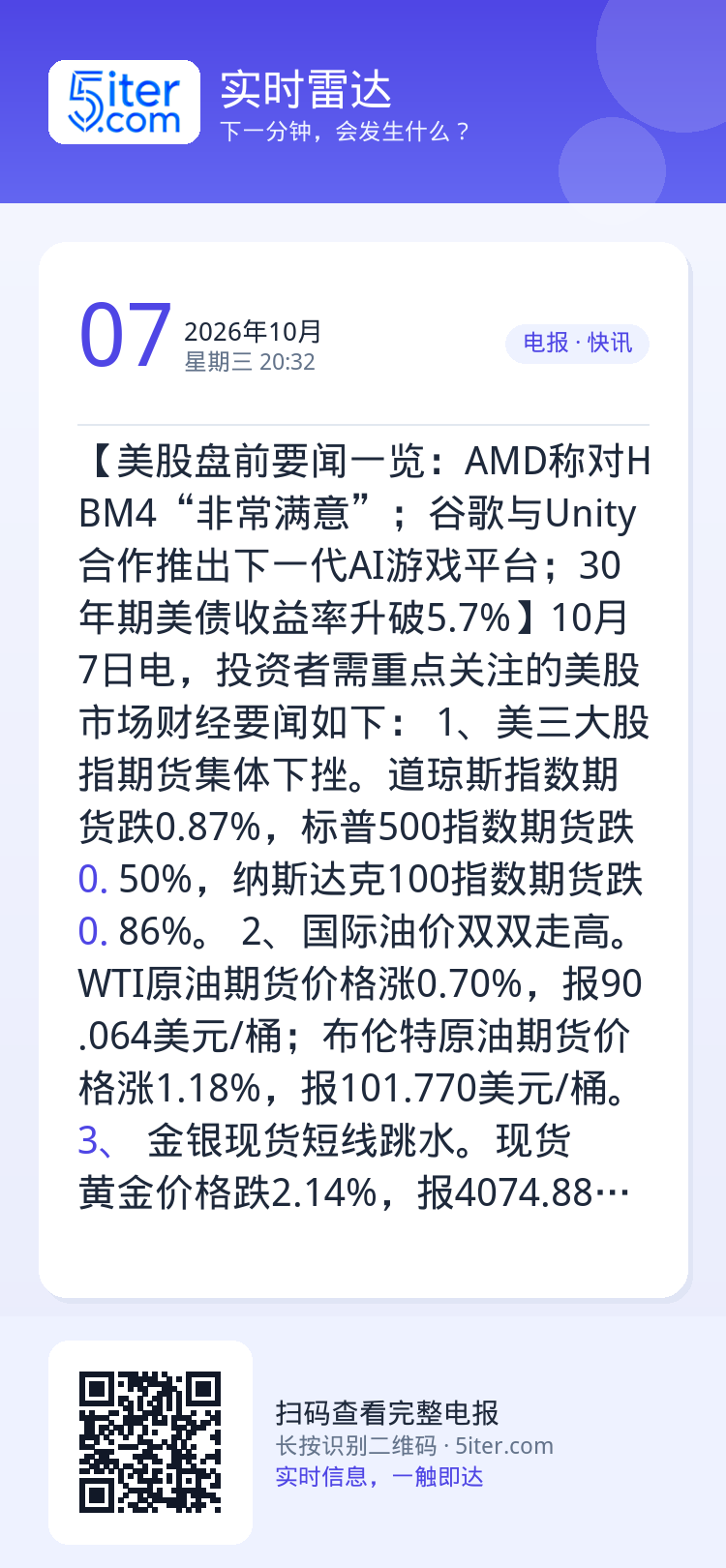 【美股盘前要闻一览：AMD称对HBM4“非常满意”；谷歌与Unity合作推出下一代AI游戏平台；30年期美债收益率升破5