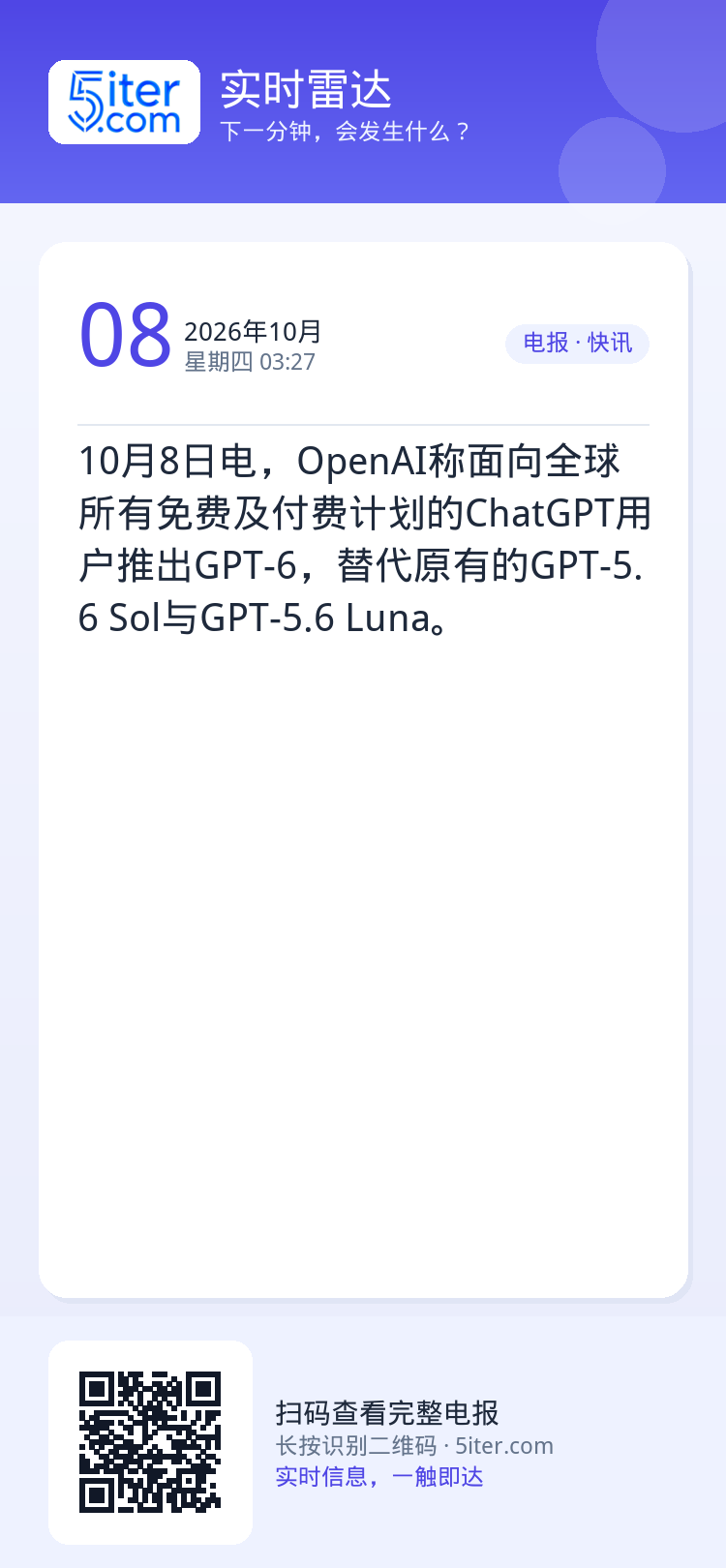 10月8日电，OpenAI称面向全球所有免费及付费计划的ChatGPT用户推出GPT-6，替代原有的GPT-5.6 So