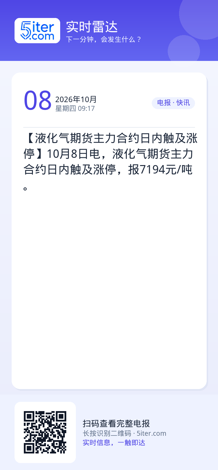 【液化气期货主力合约日内触及涨停】10月8日电，液化气期货主力合约日内触及涨停，报7194元/吨。